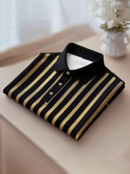 New Limited Edition Elegant Gold Black Stripe Casual Button Polo Shirt Short Sleeve