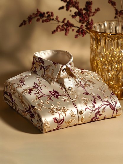 New Limited Edition Luxury Satin Long Sleeve Vintage Business Shirt - Elegant Floral Print